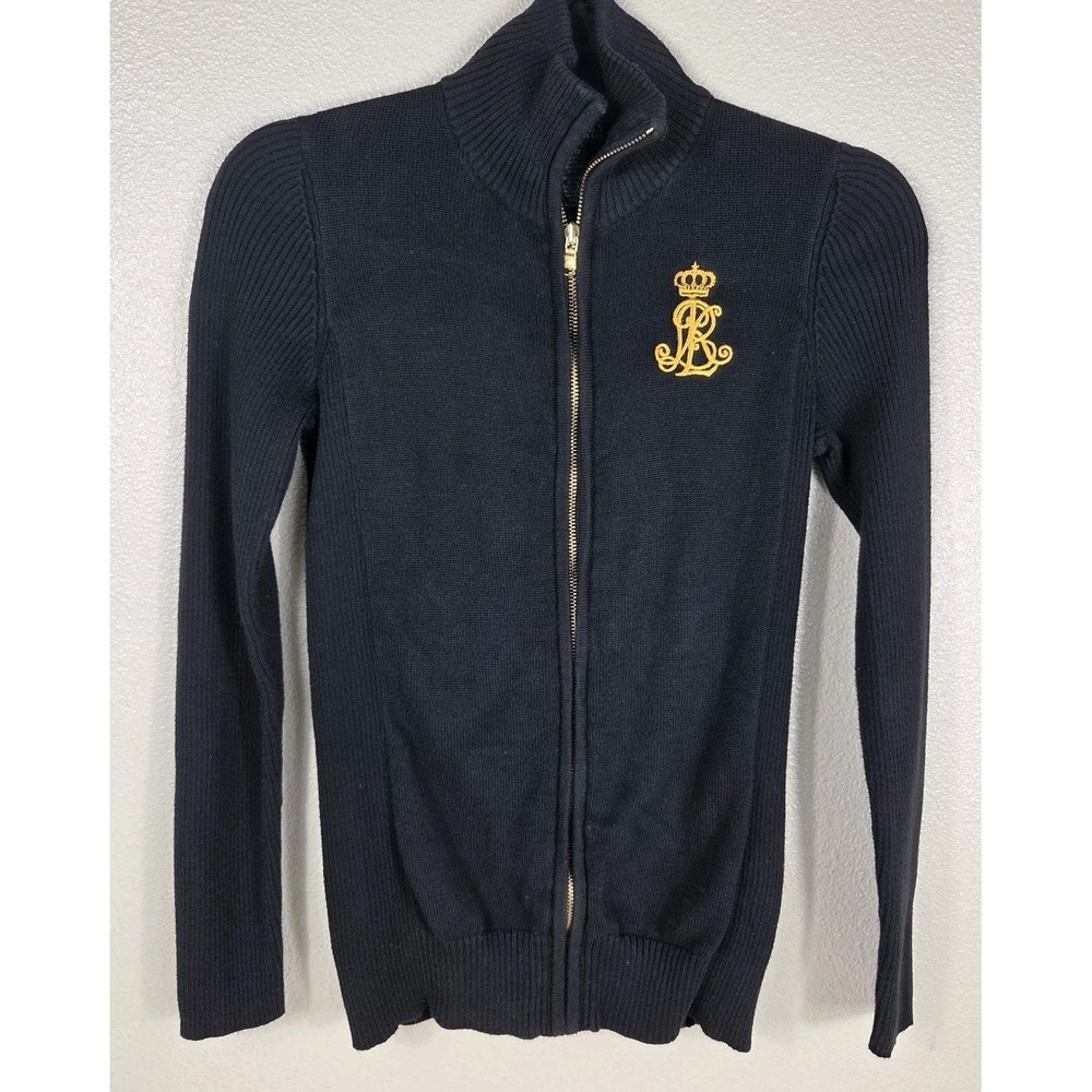 Lauren Ralph Lauren Black Full Zip Cotton Knit Sweater Gold Crest Logo XS